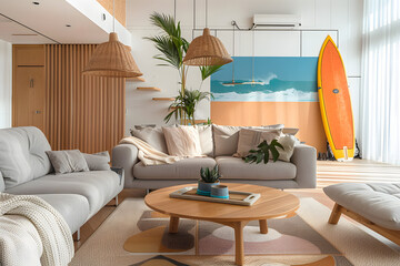 Wall Mural - Stylish interior of living room with grey sofa, armchair, coffee table and surfboard