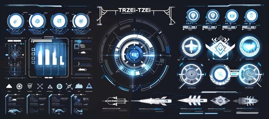 Poster - Hi-tech elements for futuristic design. Frame, circle charts, callouts titles, graphic, shapes, info box. Modern collection of HUD, UI, VR objects.