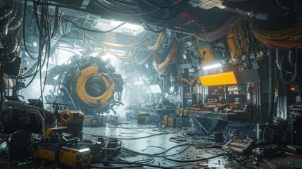 Poster - 3d illustration of a grungy alien science fiction interior with futuristic technology.