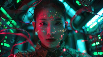 Poster - Cyberpunk girl looks at computer screen. Wears futuristic one-eyed glasses and microphone. Looks at camera. Background has a sci-fi and computer sci-fi theme.