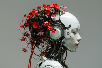 Poster - A beautiful biomechanical cyborg, symbiotic with an exotic flower. Biologically modified organism. Image of a futuristic bionics concept.