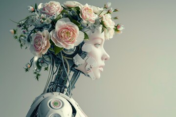 Poster - Symbiosis between a beautiful woman and a blooming exotic flower. Concept of futuristic bionics and stock. Digital art.