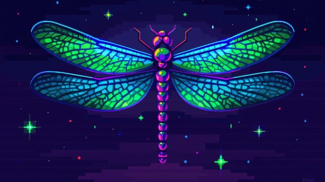 A detailed dragonfly with translucent wings and iridescent body, pixel art, bright greens and blues, 8bit, intricate and stunning