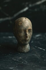 Poster - A wooden head sits atop a table, perfect for decorative or prop use