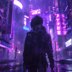 Canvas Print - Animated cyberpunk character looking into the back of a futuristic urban city. Stock.