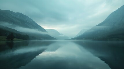 Sticker - A serene mountain lake with fog swirling around the peaks.