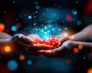 Poster - Two hands holding a digital network with glowing connections, symbolizing technology, innovation, and collaboration in a futuristic setting.