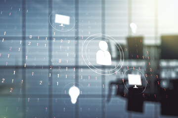 Aufkleber - Double exposure of social network icons hologram on a modern boardroom background. Networking concept