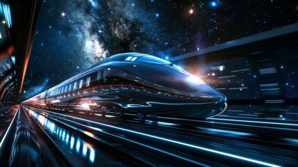 Train traveling through space. Advanced transport technology. Modern railway with a touch of fantasy. Sci-fi artwork.