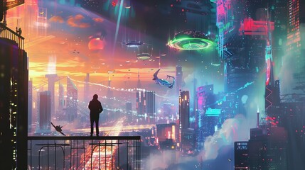 Angry man standing on balcony, looking at futuristic city, digital artwork, illustration