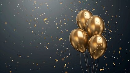 Wall Mural - Minimalistic dark background with golden balloons and confetti for birthday