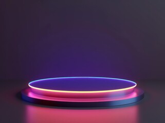 Poster - Mockup of a black scientific podium with gradient neon lights. This is a sci-fi mockup.