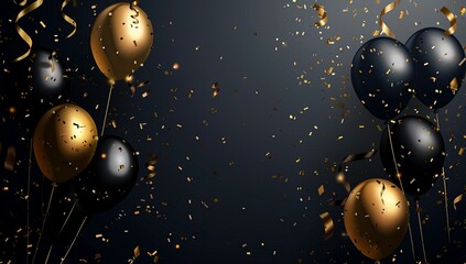 Wall Mural - Minimalistic dark background with golden balloons and confetti