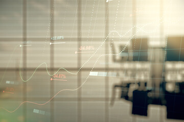 Poster - Multi exposure of stats data illustration on a modern conference room background, computing and analytics concept