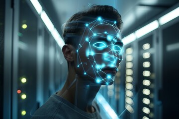 Poster - Stunning close up of handsome young guy with holographic overlay and futuristic overlay over modernistic sci-fi background. Informational (stock) art.