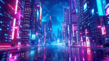 Poster - Image depicts a sci-fi futuristic city with skyscrapers and neon colored streetlights. This image represents the concept of a metaverse city and cyberpunk concept.