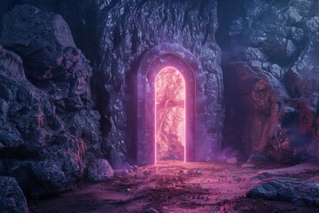 Poster - Applied generative AI to abstract stone portal gate with neon glow in cosmic, rocky mountain stone field, spectrum light effect.