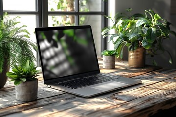 Poster - Laptop on Wooden Desk With Green Plants Near a Window