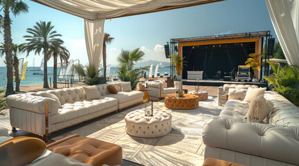 Poster - A luxury VIP area at the beach music festival, featuring plush seating, elegant decor, and a view of the main stage. Generative AI.