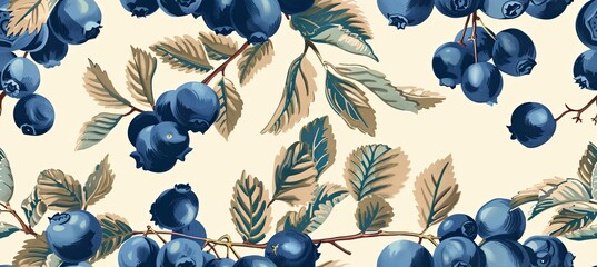 Wall Mural - Seamless pattern of blueberry fruits and foliage. Vintage