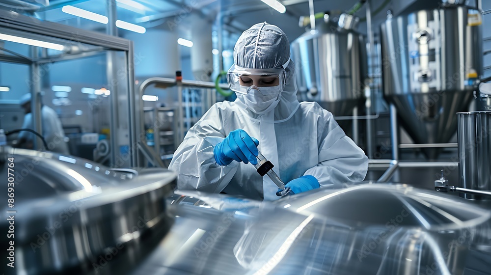 technician in cleanroom gear operating bioreactor in pharmaceutical ...