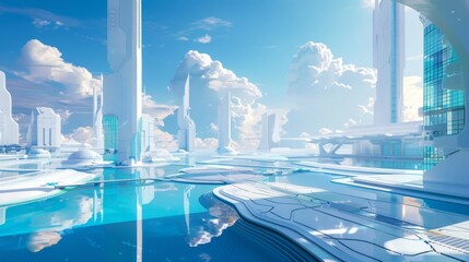 Poster - Imaginative futuristic city sci fi background with glowing neon lights and alien planet. Stock illustration.