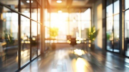 Poster - Blurred Office interior room background with modern design in working hours. Indoor building of workspace, panoramic view through glass windows.