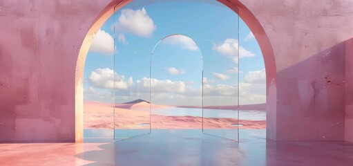 Sticker - 3D render of a pastel landscape background with geometric shapes, an abstract fantastic desert dune in a seasoning landscape with arches, a panoramic scene with copy space, a blue sky and clouds.