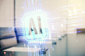 Poster - Double exposure of creative artificial Intelligence icon on a modern meeting room background. Neural networks and machine learning concept