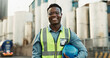 © peopleimages.com - Industrial, engineer and black man with portrait at construction site for maintenance, building repairs or project development. Outdoor, safety and employee for confidence, infrastructure or labour