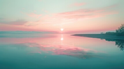 Poster - A soft pink sunset reflected in a calm mint green lake, creating a serene and peaceful scene. Generative AI.