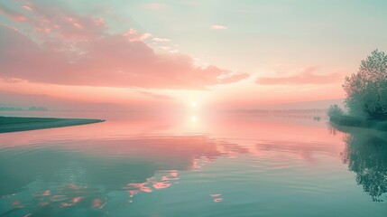 Poster - A soft pink sunset reflected in a calm mint green lake, creating a serene and peaceful scene. Generative AI.
