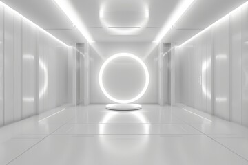 Poster - Sci-fi interior concept with a white futuristic background. 3D illustration of an empty interior lit by neon lights.
