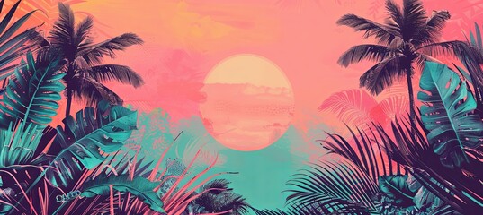 Wall Mural - Vibrant tropical flora and a setting sun in the sky