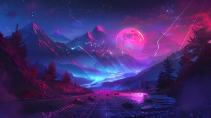 Sticker - A retro 80s sci-fi futuristic illustration, a nostalgic 90s. Neon colors, a cyberpunk illustration, a sun, mountains, palm trees, a retrowave VJ videogame landscape.