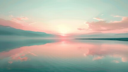 A soft pink sunset reflected in a calm mint green lake, creating a serene and peaceful scene. Generative AI.