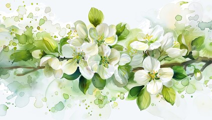 Poster - watercolor white apple blossoms and green leaves on a branch