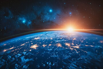 Wall Mural - from space, a night time planet earth globe with city lights of each country on land and sunlight, a