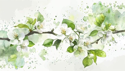 Sticker - watercolor white apple blossoms and green leaves on a branch