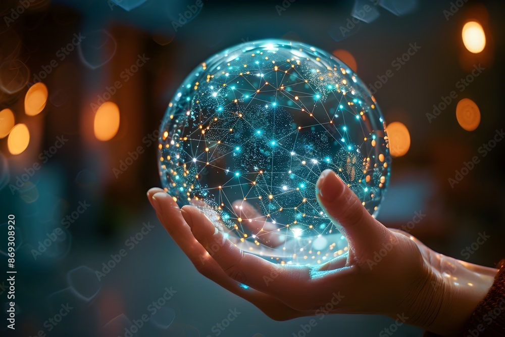 Hand holding a digital mesh sphere in a data connection concept. A ...