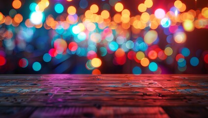 Wall Mural - Wooden table with blurred background of colorful lights