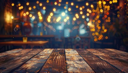 Wall Mural - Wooden table with blurred background of night club, bokeh