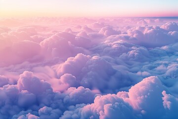 In this scene we see a beautiful pastel sky form over fluffy clouds and the sunset scene on the horizon in an abstract background.