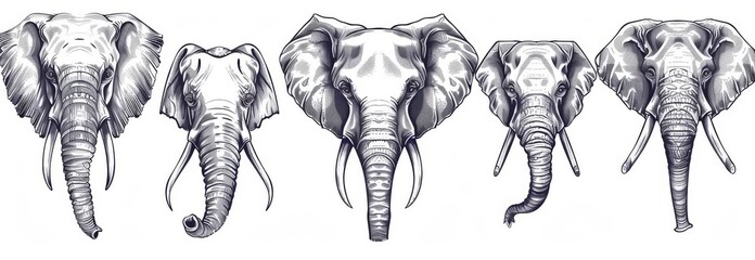 Wall Mural - An isolated elephant set illustration ink sketch. African bishop background animal silhouettes in black and white.