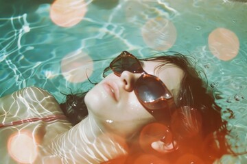 Wall Mural - Women lying down in the sun wearing sunglasses on the pool photo accessories photography.