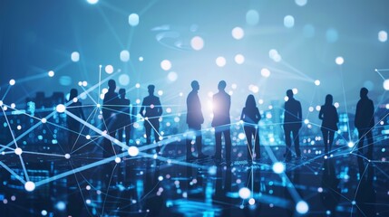 Poster - Business team communicating via global network connections and data exchange. Teamwork, recruitment of HR personnel and global outsourcing are some of the components of global business.