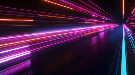 Poster - A blue pink and purple neon glow laser beam light line moving quickly, diametric, high speed internet, cyberpunk, techonogy backdrop, futuristic abstract imagery.