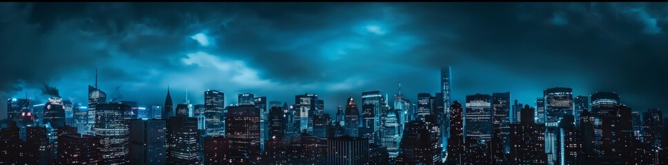 Wall Mural - 3D illustration of a dark futuristic sci-fi city under a dark cloudy night sky in science fiction