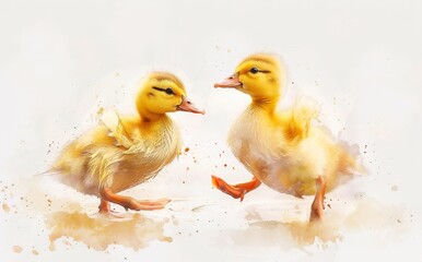 Wall Mural - A cute series of little ducks walking at a fast pace, isolated on a white background, a set of animals for farming.