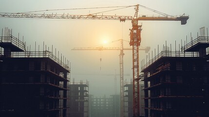 Poster - Building under construction, crane, silhouette. Generative AI.